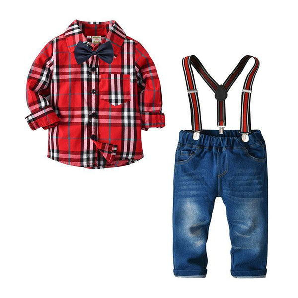 4 Pcs Set Boys Cotton Red Plaid Printed Shirts And Suspender Jeans With Bowtie