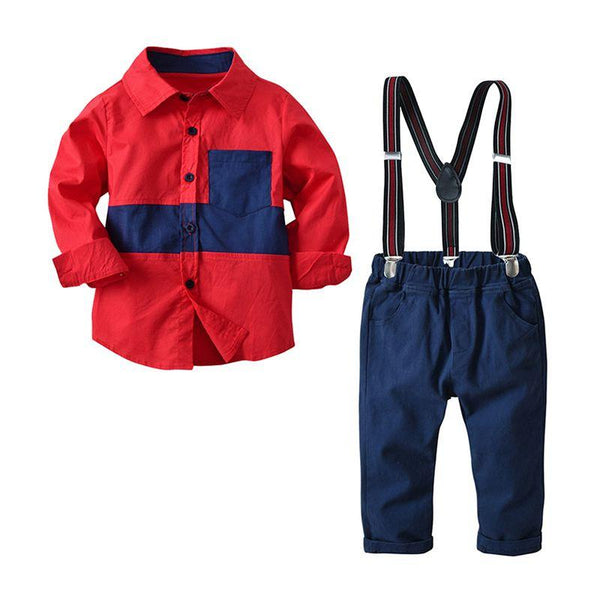 4 Pcs Set Boys Cotton Patchwork Shirts And Suspender Pants With Bowtie