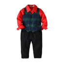 3 Pcs Set Handsome Boys Cotton Red Shirts And Green Printed Vests And Black Pants