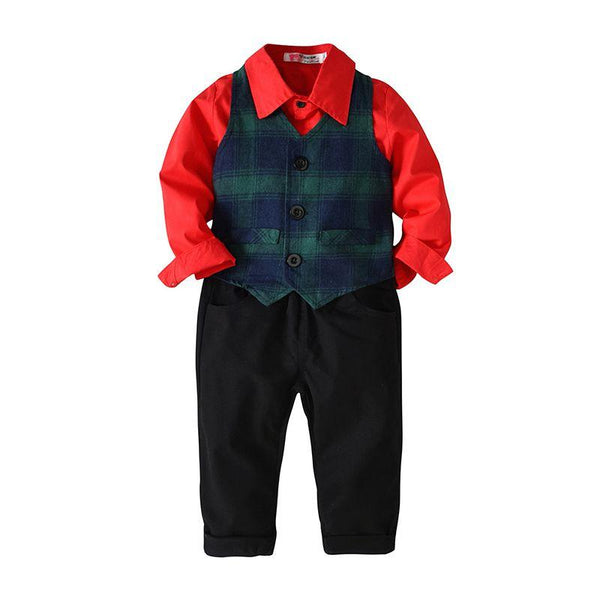 3 Pcs Set Handsome Boys Cotton Red Shirts And Green Printed Vests And Black Pants