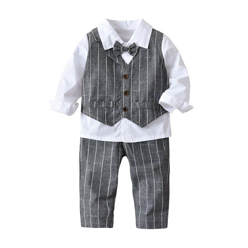 3 Pcs Set Boys Cotton Patchwork Shirts And Gray Stripes Printed Pants With Bowtie