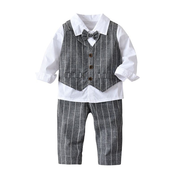 3 Pcs Set Boys Cotton Patchwork Shirts And Gray Stripes Printed Pants With Bow Tie