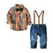 Fashionable Boys Cotton Khaki Plaid Printed Shirts And Suspender Jeans Set