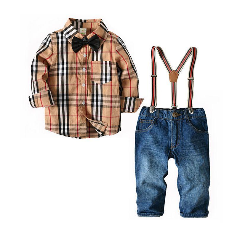 Fashionable Boys Cotton Khaki Plaid Printed Shirts And Suspender Jeans Set