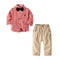 Cute Boys Cotton Red Plaid Printed Shirts And Khaki Trousers Set With Bowtie