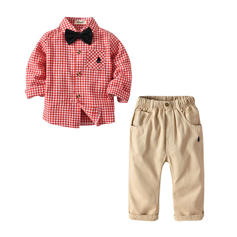 Cute Boys Cotton Red Plaid Printed Shirts And Khaki Trousers Set With Bow Tie