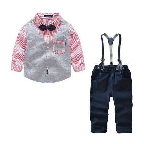 Hot Selling Boys Cotton Patchwork Long Sleeves Shirts And Suspender Pants Set