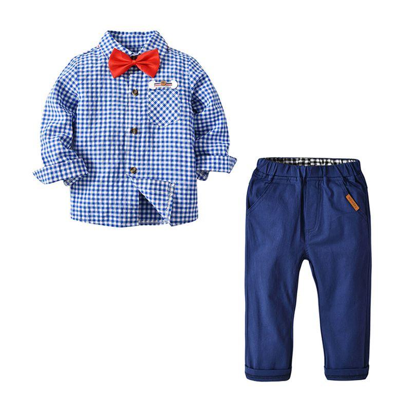 3 Pcs Set Boys Cotton Blue Plaid Printed Shirts And Pants Set With Red Bowtie