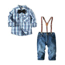New Arrived Boys Cotton Long Sleeves Blue Plaid Printed Shirts And Suspender Jeans