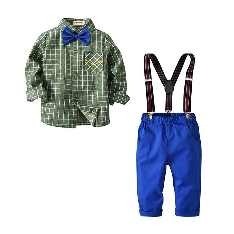 Fashionable Boys Cotton Green Plaid Printed Shirts And Blue Suspender Pants Set With Bow Tie