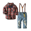 Boys Cotton Plaid Printed Shirts And Vintage Suspender Jeans Set With Bowtie