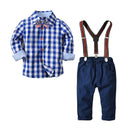 4 Pcs Set Boys Cotton Plaid Printed Shirts And Suspender Pants Set With Bowtie