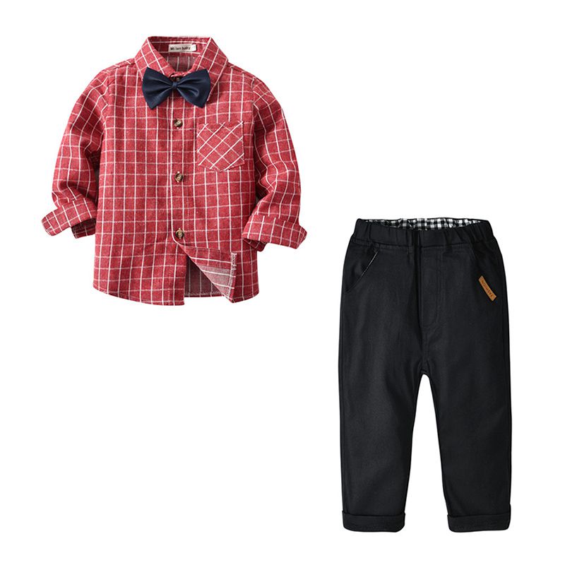 Handsome Boys Cotton Red Plaid Printed Long Sleeves Shirts And Pants Set With Bow Tie