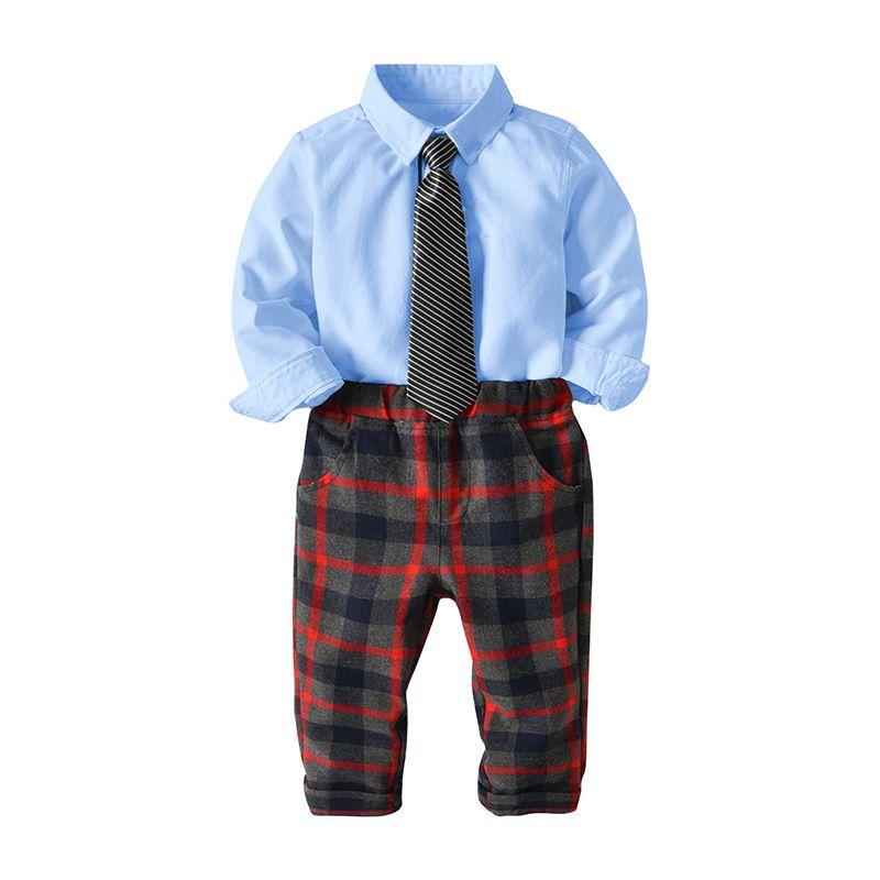 Little Gentlemen Boys Cotton Solid Color Shirts And Red Plaid Printed Pants Set With Tie