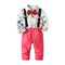 Handsome Boys Cartoon Printed Shirts And Pink Suspender Pants Set With Tie