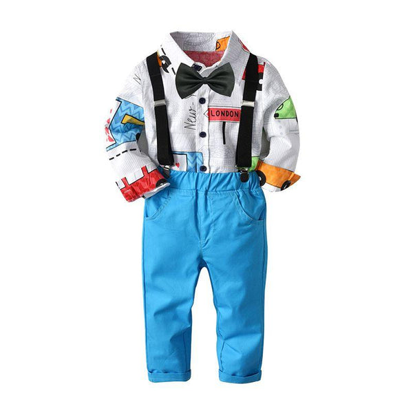 Handsome Boys Cartoon Car Printed Shirts And Blue Suspender Pants Set With Tie