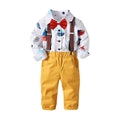 Handsome Boys Cartoon Printed Shirts And Yellow Suspender Pants Set With Tie