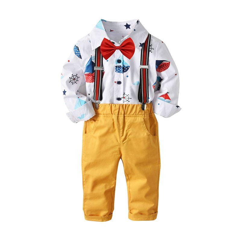 Handsome Boys Cartoon Printed Shirts And Yellow Suspender Pants Set With Tie