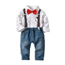 4 Pcs Set Boys Cotton Printed Long Sleeves Shirts And Suspender Jeans With Bowtie