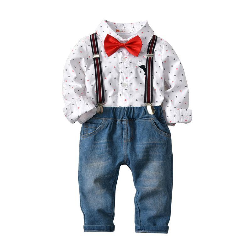 4 Pcs Set Boys Cotton Printed Long Sleeves Shirts And Suspender Jeans With Bowtie