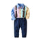 Fashionable Boys Cotton Patchwork Shirts And Suspender Pants Set With Bowtie