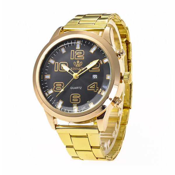 High Quality Fashion Men Business Wear Golden Metal Band Watch