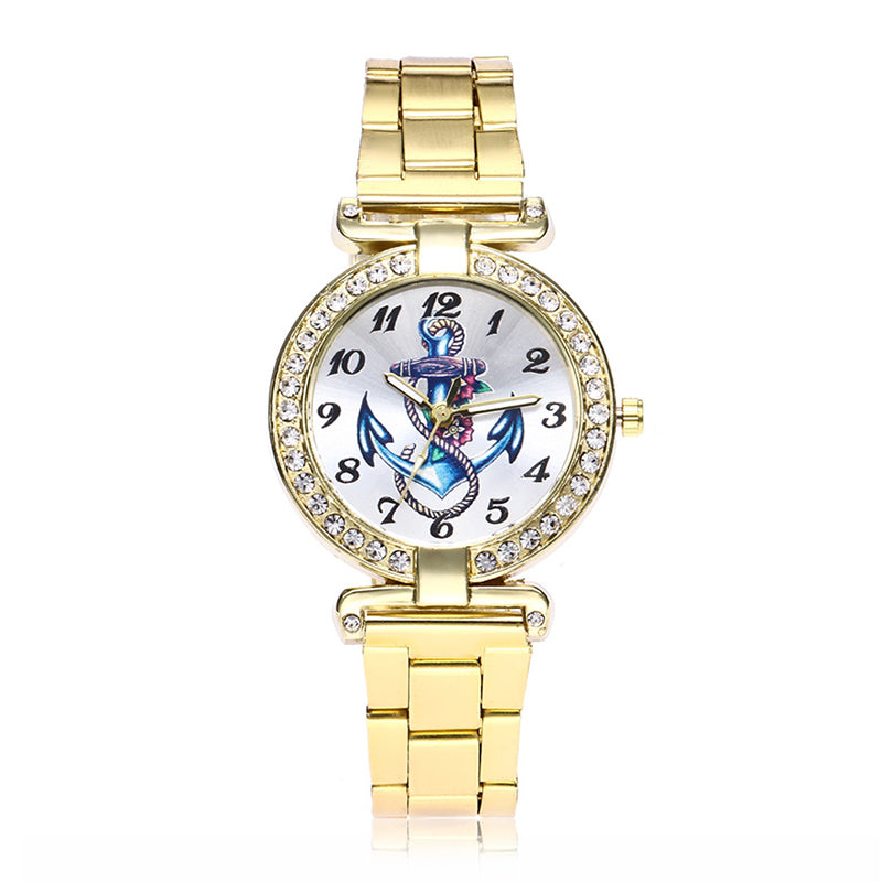 Casual Style Women Unique Anchor Designed Shiny Metal Band Watch