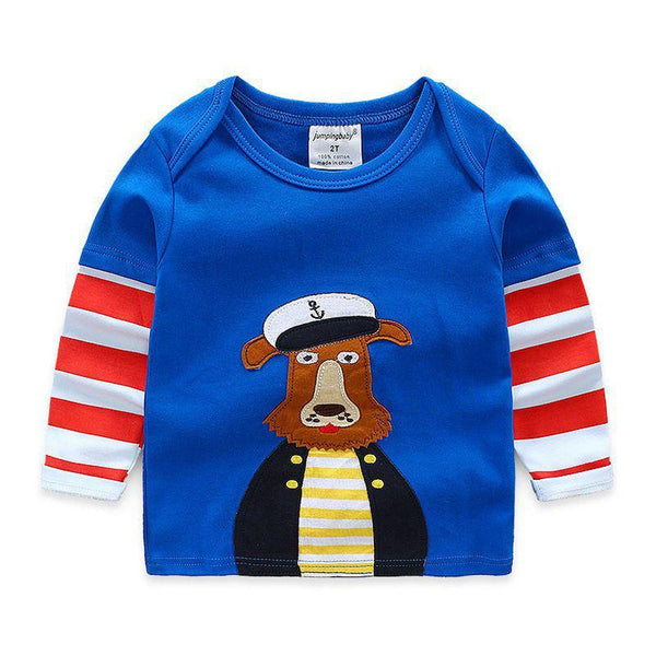 Boys Cotton Long Sleeves Patchwork Cartoon Printed Round Neck Tops