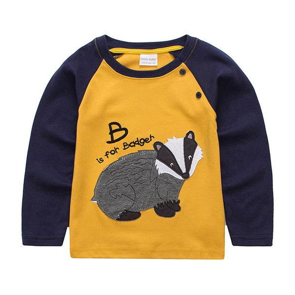 Boys Cotton Long Sleeves Patchwork Raccoon Printed Cute Tops