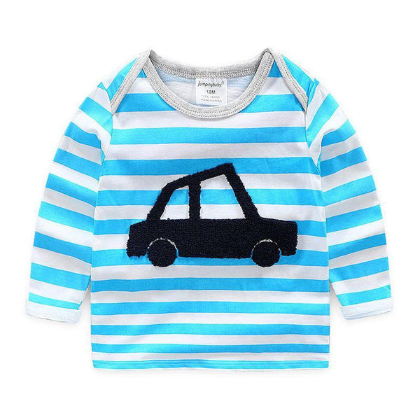 Boys Cotton Blue Stripes Black Car Printed Long Sleeves Tops