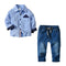 Cotton Boys Blue Long Sleeves Shirts And Elastic Waist Jeans Set