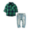 New Arrived Boys Cotton Vintage Style Green Plaid Printed Shirts And Jeans 2 Pcs Set
