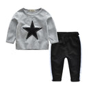 Boys Cotton Black Star Pattern Round Neck Tops And Color Blocking Pants Set