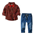 Latest Style Boys Cotton Red Plaid Printed Shirts And Elastic Waist Jeans Set