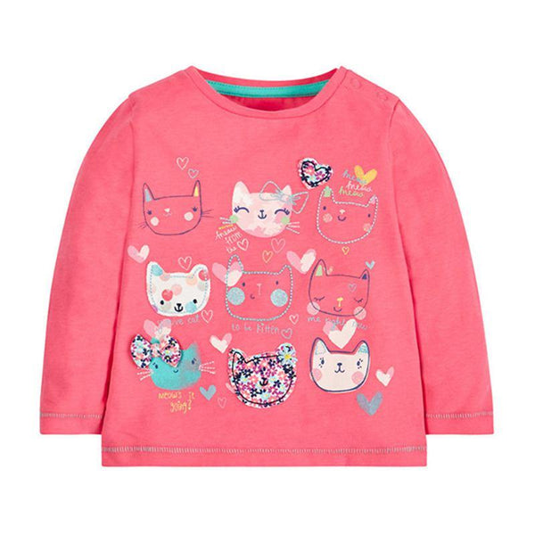 Cotton Pink Color Cartoon Cat Face Printed Girls Tops