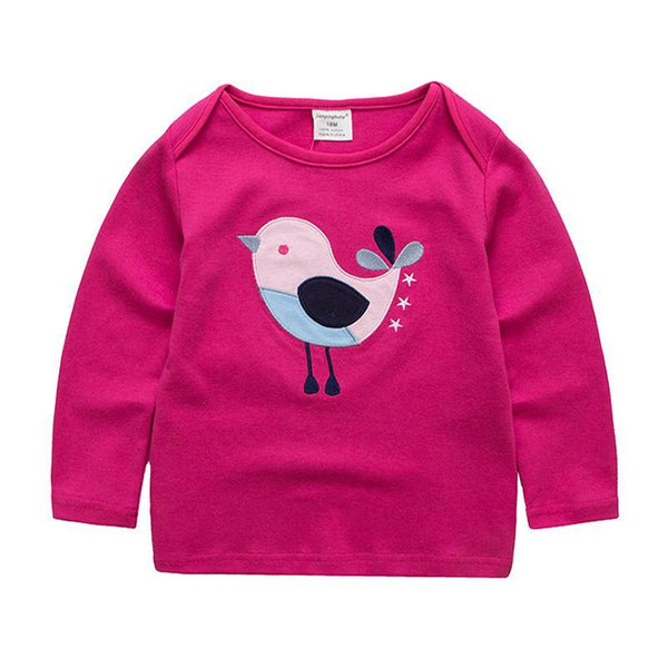 New Arrived Girls Long Sleeves Cute Bird Embroidered Round Neck Tops
