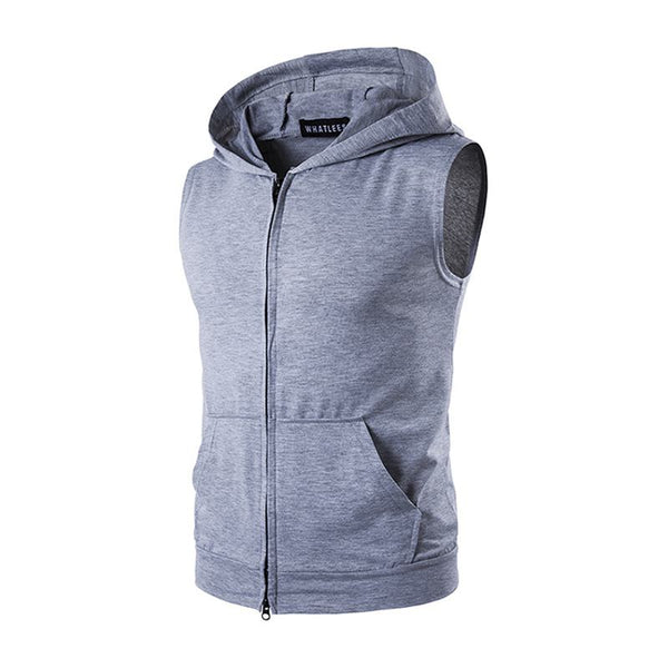 Men Cotton Solid Color Sleeveless Casual Sport Zipper Hoodie