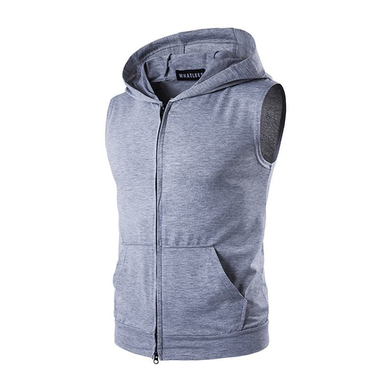 Men Cotton Solid Color Sleeveless Casual Sport Zipper Hoodie