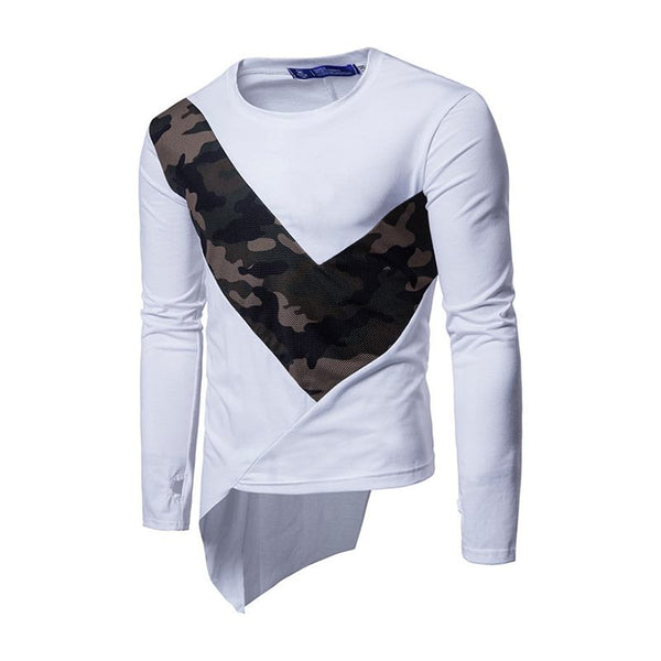 Fashion Style Men Cotton Patchwork Long Sleeves Irregular Design T-shirt