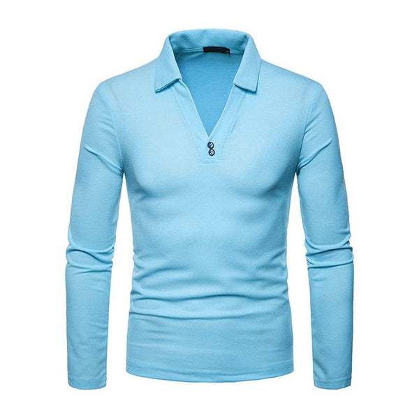 Latest Style Men Cotton Solid Color V Neck Long Sleeves Polo Shirt