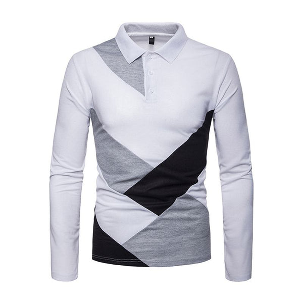 Men Cotton Long Sleeves Patchwork Casual Polo Shirt