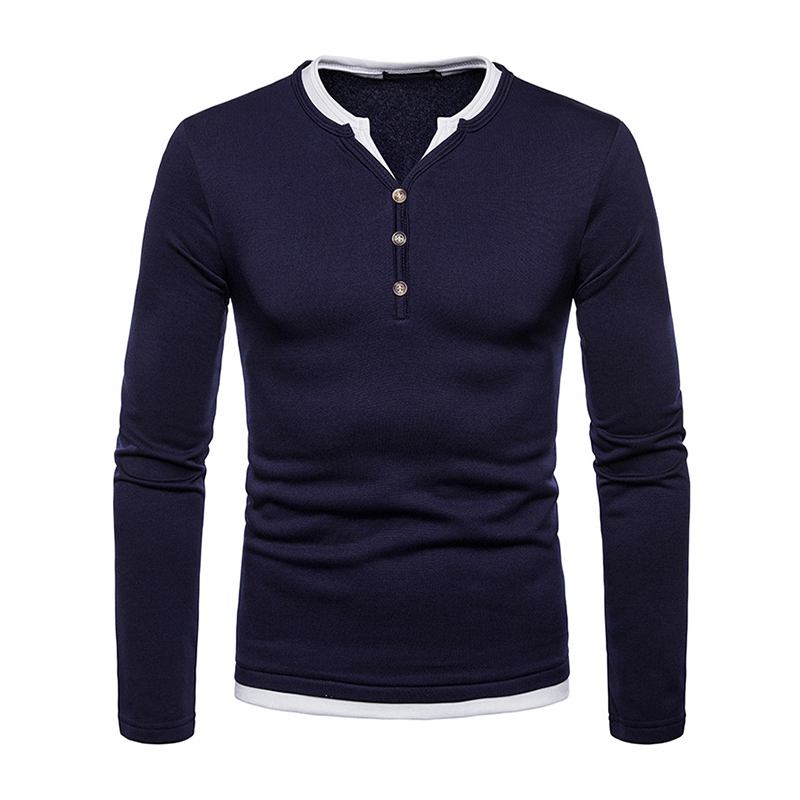 Men Thick Cotton Long Sleeves Patchwork V Neck Casual Warm Tops