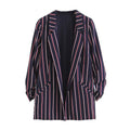 Fashion Classic Stripes Print Casual Women Outfit Pleated Sleeves Blazer
