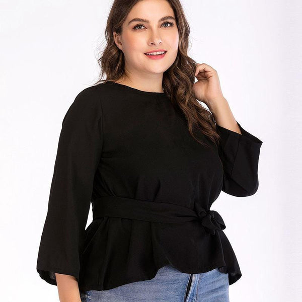 Women Unique Flare Sleeves Solid Color Plus Size Round Neck Blouse