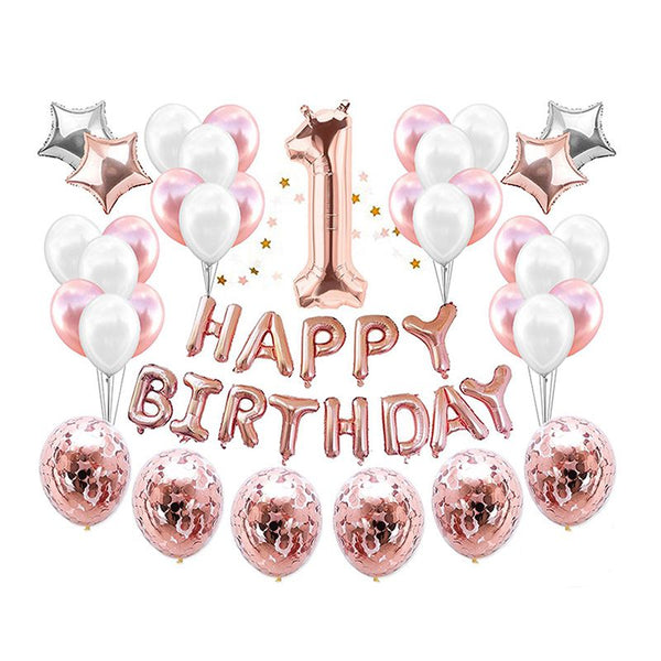 49 Pcs Set Baby Rose Gold Happy Birthday Star Pink Confetti Latex Balloons Foil One Year Two Years Three Years Party Balloons