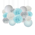 32 Pcs Set Paper White Blue Gray Lantern And Tissue Pom Poms Sweet Party Supplies