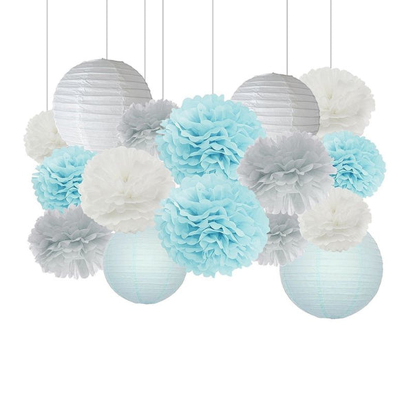 32 Pcs Set Paper White Blue Gray Lantern And Tissue Pom Poms Sweet Party Supplies