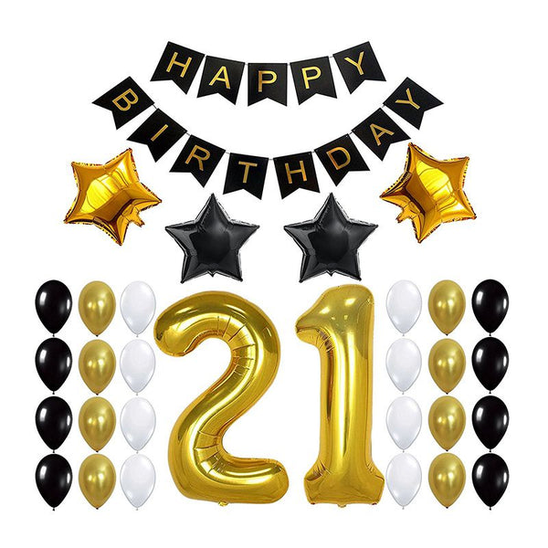 23Pcs Set Adult Black Gold Happy Birthday Banner Latex Round Foil Star Number Party Supplies Balloons