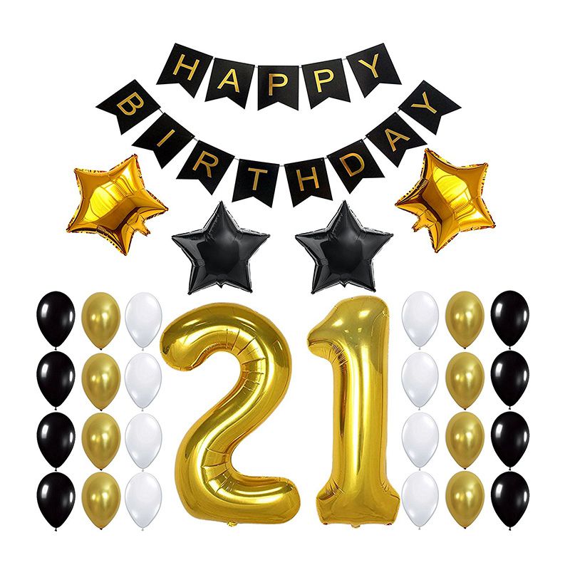23Pcs Set Adult Black Gold Happy Birthday Banner Latex Round Foil Star Number Party Supplies Balloons