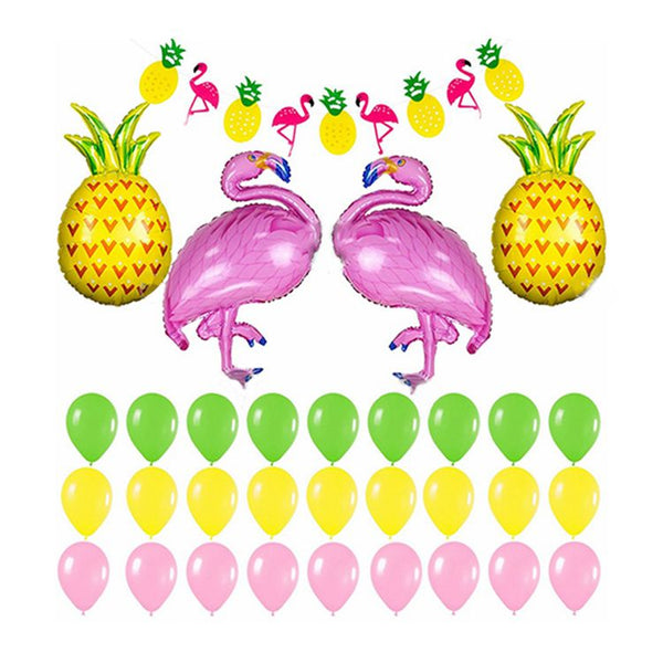 32Pcs Set Cute Paper Banner Green Yellow Pink Latex Balloons Flamingo Pineapple Foil  Party Decorations Balloons